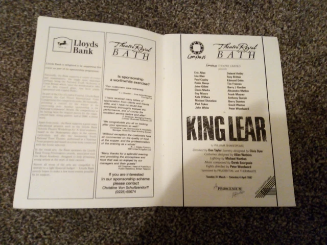 KING LEAR THEATRE programme (1987, Tony Britton, Kate O'Mara, Anthony