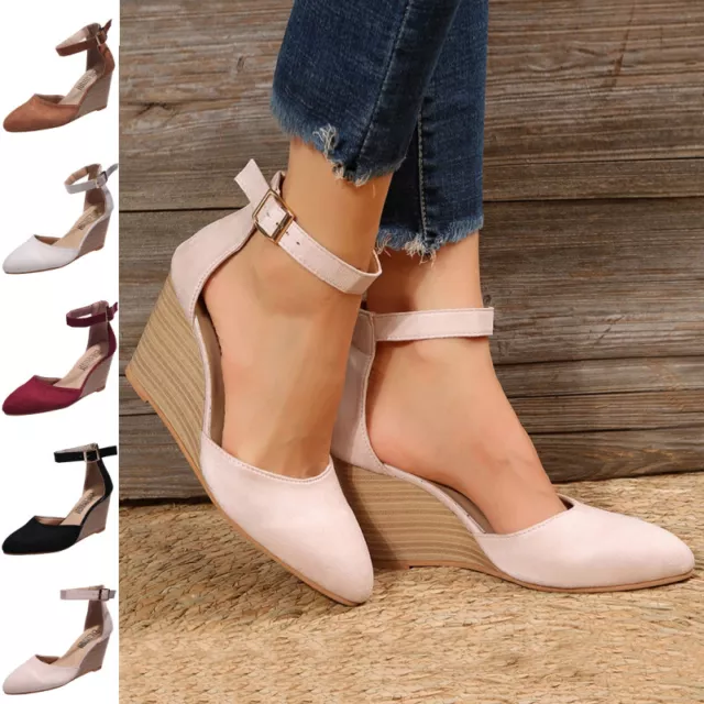 Women Wedge Sandals Ankle Strap Heel Pumps Ladies Fashion Dress Close-Toe Shoes