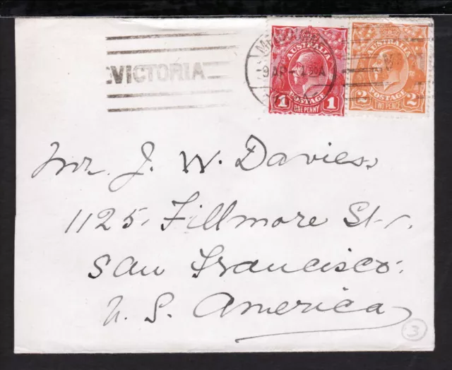 AUSTRALIA 1921 MELBOURNE VICTORIA COVER KGV 1d Red & 2d Orange to USA