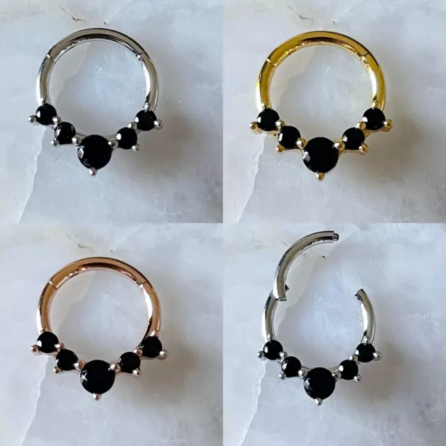 5 x Black Gem Hinged Septum Clicker Daith Rook Ear Ring 1.2mm 8mm