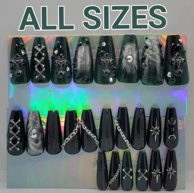 24 piezas 3D Verde Negro Bling Ombre Aura Cromo Pressón Uñas Largas Ataúd Hecho a Mano