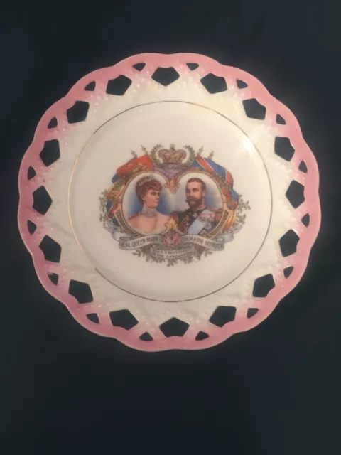 Antique King George Queen Mary Coronation Pink White Lattice Plate 1910 England