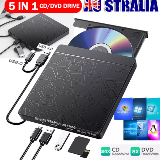 5IN1 / 7IN1 External CD/DVD Drive for Desktop Laptop Mac PC Windows Linux AU