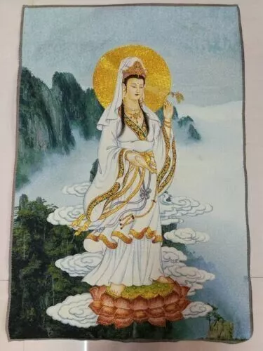 Exquisite Old Chinese Silk Embroidery painting "Guanyin Buddha“ Cloth Silk
