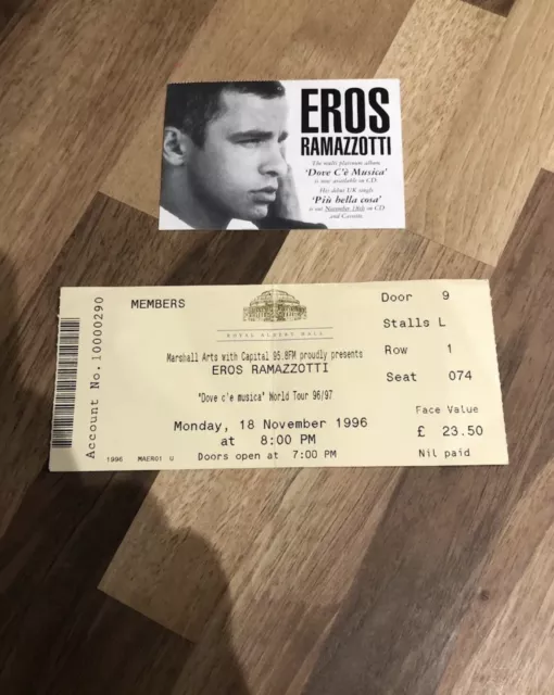 Eros Ramazzotti Dove C’e Musica World Tour 96/97 Royal Albert Hall Ticket Stub