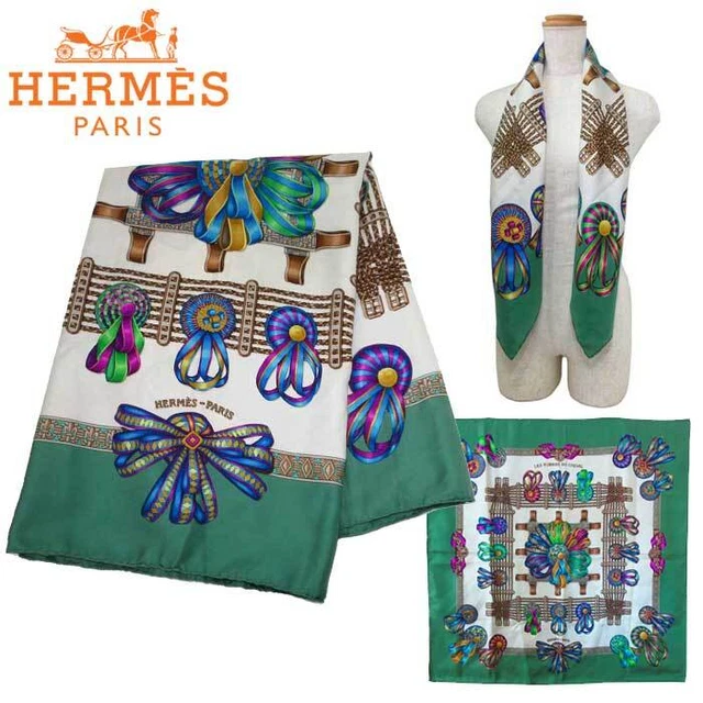 Hermes Scarf Silk Les Rubans Du Cheval Ribbon Green Multi 22M Women 35.4x34.6in