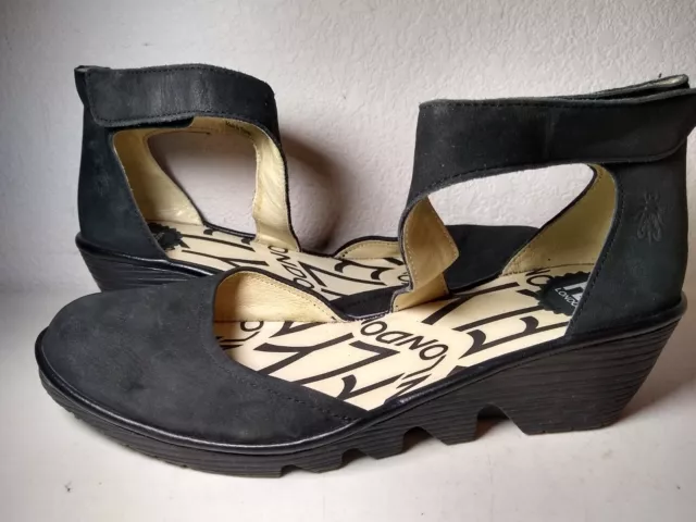 FLY LONDON- Black Suede Hook/Loop Fastening Wedge Sandals - Size 41 - FREE S&H!