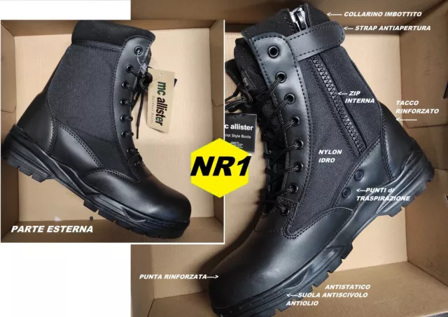 Anfibi calzature scarponcini militari sicurezza softair nero con zip cerniera