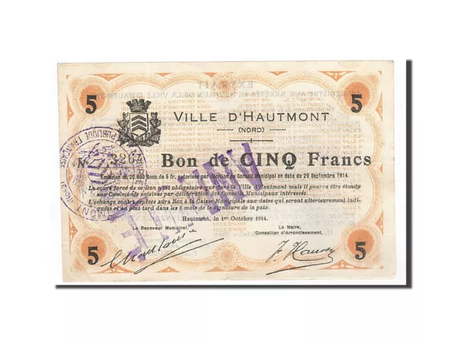 [#162924] Billet, France, Hautmont, 5 Francs, 1914, TTB, Pirot:59-1291