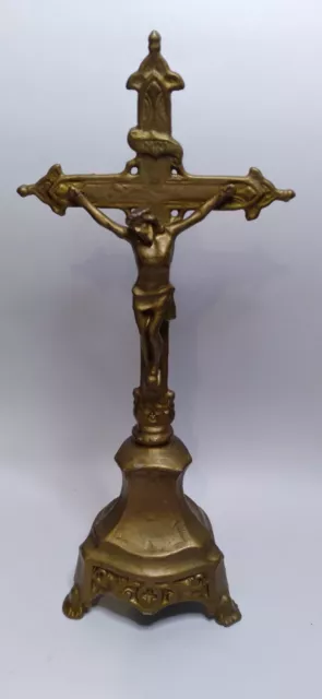 Antique 12" X 5 1/4"  Altar Cross Jesus Metal Catholic Religious Crucifix