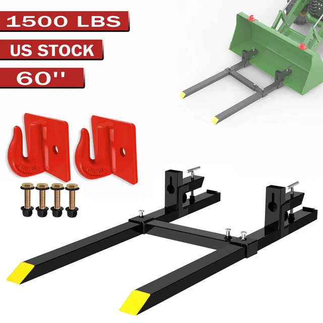 1500Lbs 60'' Tractor Pallet Forks Clamp on Skid Steer Loader Bucket + 3/8" Hooks