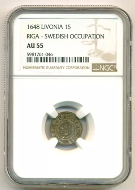 NGC Livonia (Latvia) Swedish Occupation 1648 Silver Solidus Riga Mint AU55