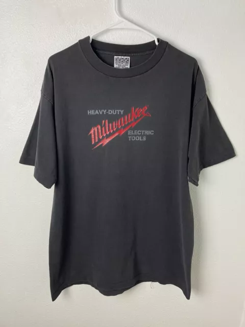 Vintage Milwaukee Power Electric Tools Logo Promo Men's L Faded Black 90s Shirt