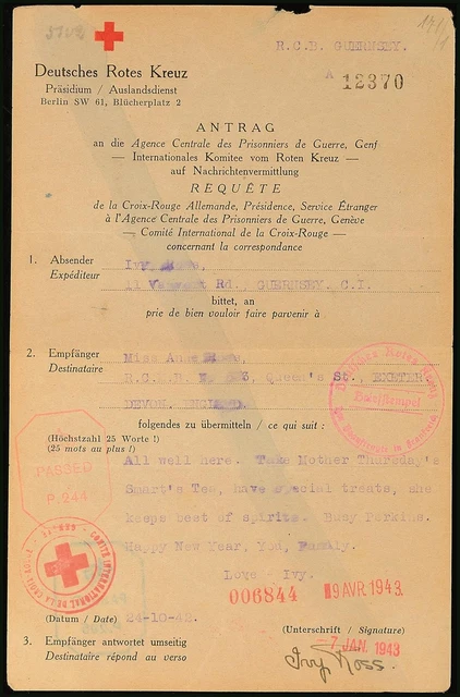 12107) Rotkreuz-Nachrichten Brief 24.10.42 Guernsey nach England Antwort 24.2.43