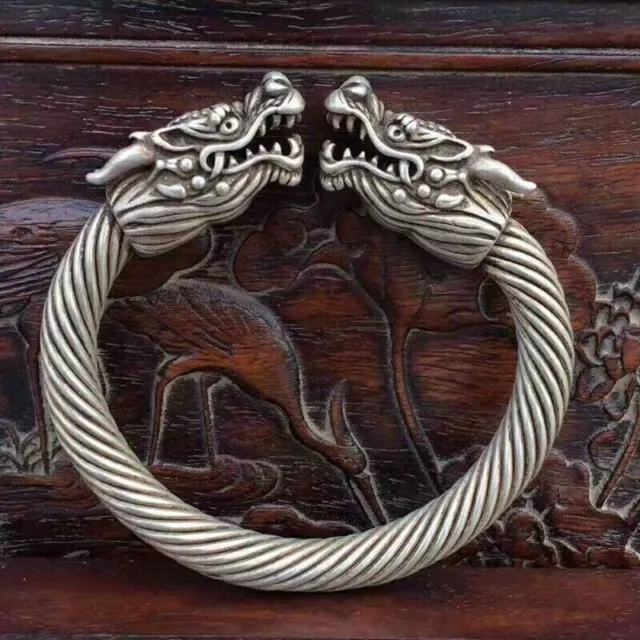 Exquisite Old Chinese tibet silver handcarved double Dragon Bracelets