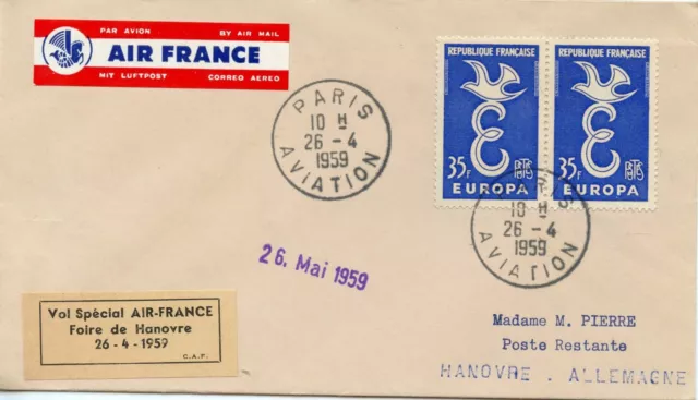 Air Mail Par Avion / Air France Vol Special De Hanovre / Paris Allemagne 1959