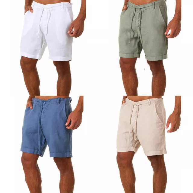 Shorts Short Pants Bottoms Cargo Pants Men Cotton Linen Summer Beach Drawstring