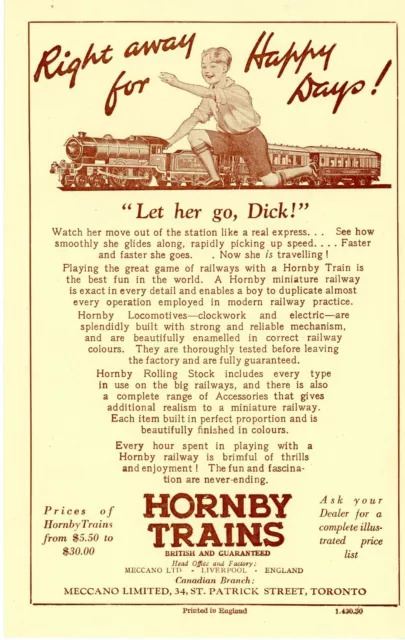 1930 original Hornby Trains Meccano Ltd Liverpool advertising flyer Canada