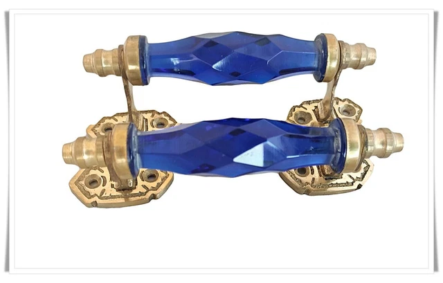 Pair Vntg Look Victorian  Cobalt Cut Glass & Brass  Pull Push Door Handle 4"