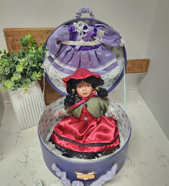 CRACKER BARREL Porcelain African American Doll in Purple Hat Box