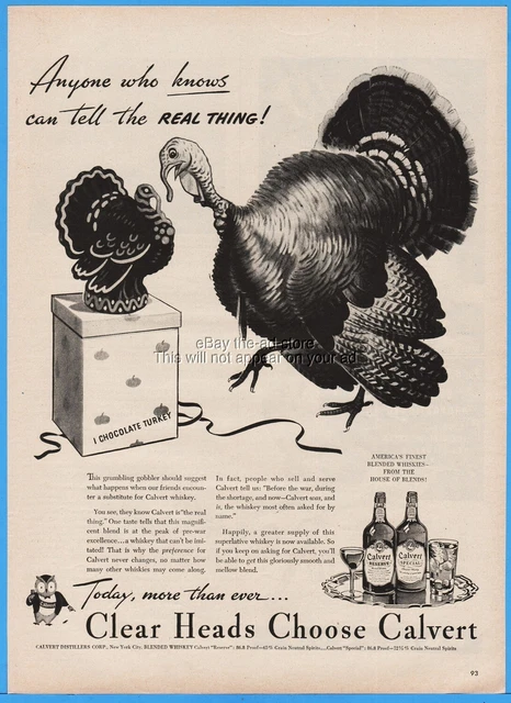 1944 Calvert Reserve Whiskey Chocolate Turkey grumbling gobbler vintage print ad