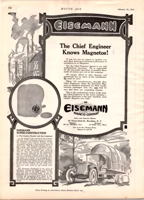 Eisemann Magneto Company truck motors 1919 print ad WWI themed ad