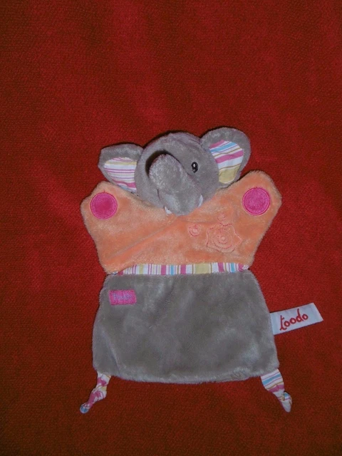 Doudou Marionnette Toodo Eléphant Paddy Gris Beige Orange Rond Rose NEUF