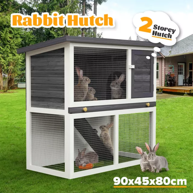 2 Storey Rabbit Hutch Chicken Coop Hutches Large Run Wooden Cage House Outdoor