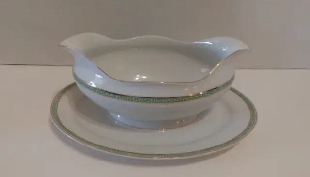 Vintage Meito Green Greek Key Gravy Boat with Underplate with Gold Trim