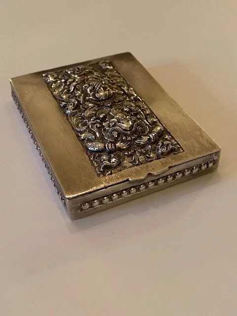 Old Beautiful Rectangular Sterling Silver Box Engraved Asian Decor 20th C