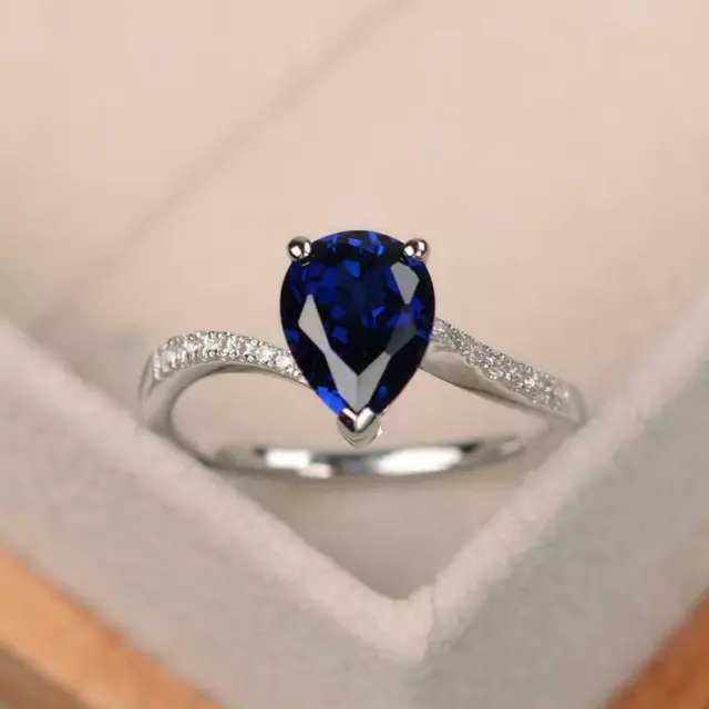 925 Plata de Ley 2.50 CT Zafiro Azul Compromiso Handmade Anillo Tamaño 7.5