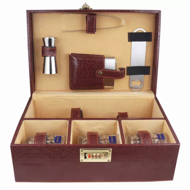 Portable Handy Leatherette finish Picnic/Travel Bar Set ( Brown ) with Glasses