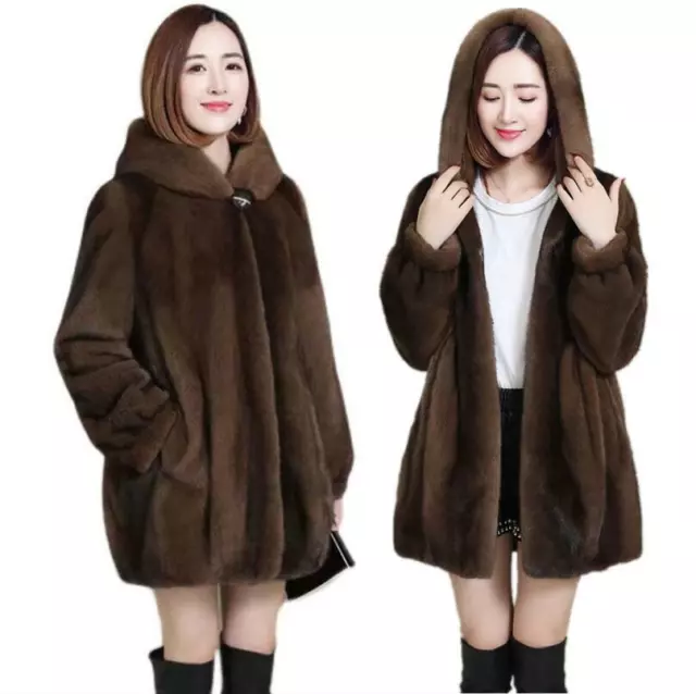 Women Faux Mink Fur Overcoat Mid Long Hooded Parka Coat Outwear Jacket Winter XL