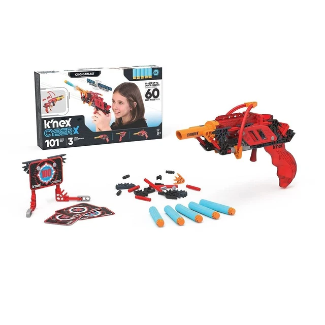 Basic Fun Giocattolo Freccette Fai Da Te K5 Gigablast Build and Battle, K'NEX CYBER-X, 12426, 101 pezzi e bersaglio, spara freccette in schiuma fino a 18 m, adatto per bambini e bambine