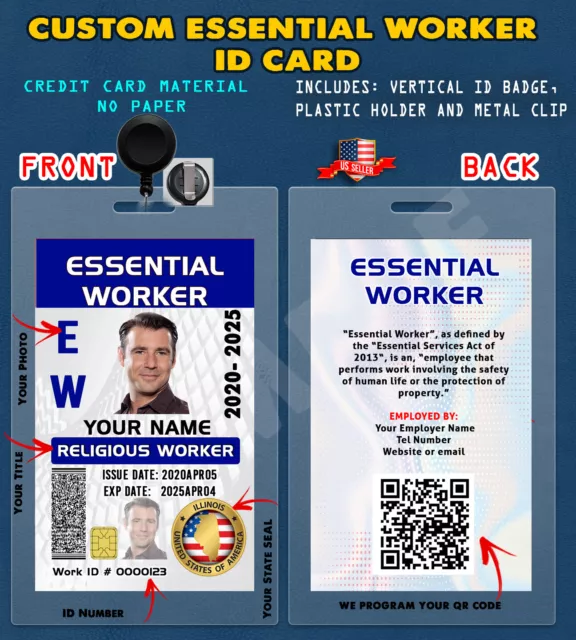 CUSTOM PVC ID Card w/ Clip  CUSTOM RELIGIOUS ESSENTIAL WORKER EMPLOYEE ID CARD
