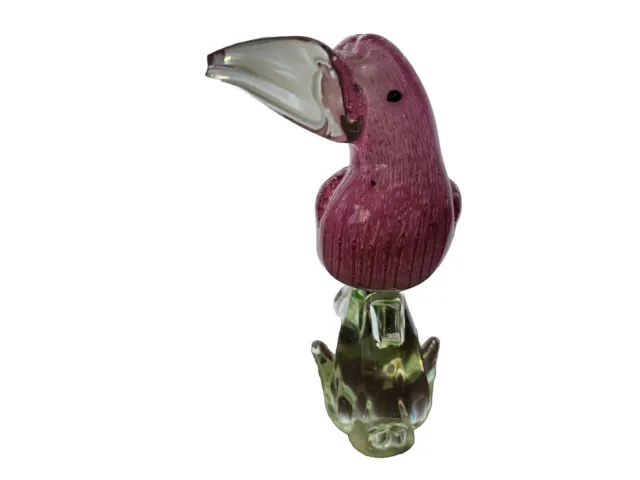 Toucan Bird Parrot Art Glass Violet/Green Figurine Clear Glass Perch 11” EUC