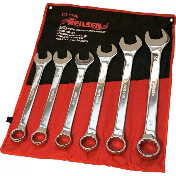 6Pc Jumbo Combination Spanner Set Polished Metric Open Ring Wrench 33Mm -50Mm
