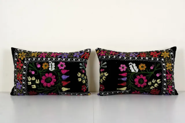 Pair Black Tashkent Velvet Suzani Floral Lumbar Pillow Case Made from a 19th