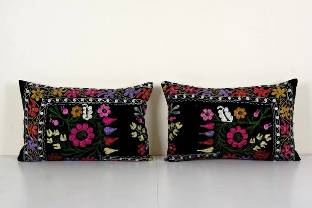 Pair Black Tashkent Velvet Suzani Floral Lumbar Pillow Case Made from a 19th
