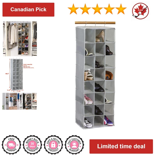 Compact Space-Saving Hanging Shoe Shelves Closet Organizer - 24 Pockets - Grey