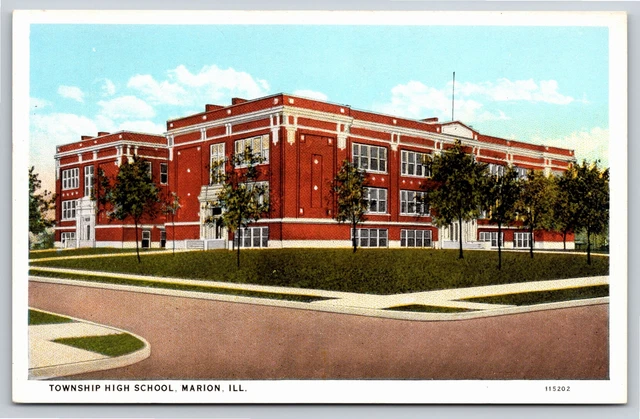 Marion Illinois ~ High School Building of the City ~ View Road ~ Postcard of the 1920s