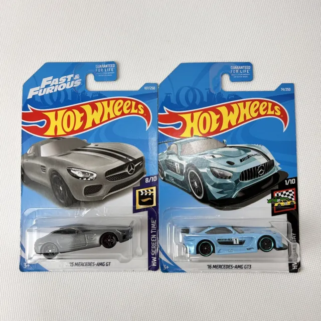 Hot Wheels 2018 Fast & Furious Gray '15 Mercedes-Amg Gt & 2019 Blue ‘16 Amg Gt3
