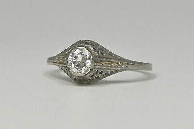BEAUTIFUL Antique Art-Deco Filigree 14k White Gold Diamond Solitaire Ring