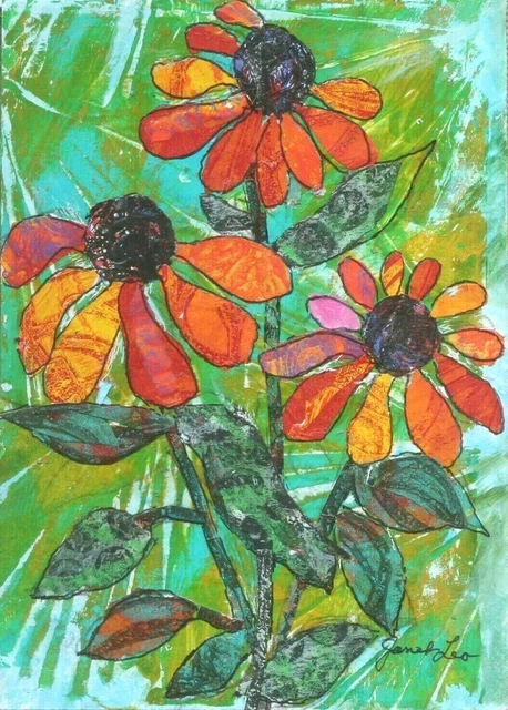JANET LEO  sfa   ORIGINAL MIXED MEDIA  collage CONE FLOWERS   floral