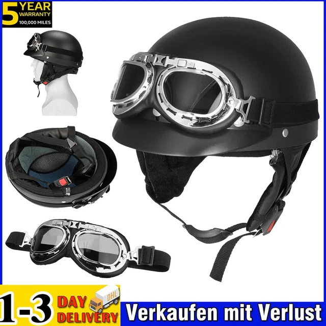 Motorradhelm Chopper Vespa Mofa Motorrad Jet Helm Leder Wehrmacht Retro + Brille