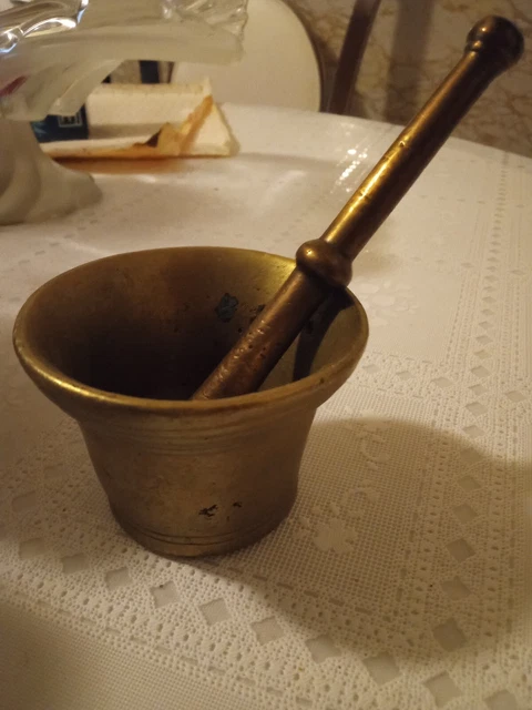Antique Apothecary Brass Mortar & Pestle Pharmacy Druggist Kitchen Spice Herbs