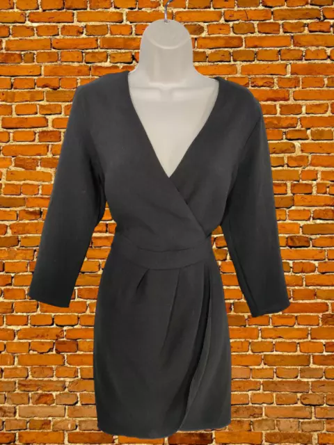 Bnwt Womens Asos Black Wrap Front Style Dress Size Uk 12 3/4 Sleeve V-Neck Smart