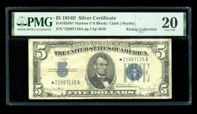 DBR 1934-D $5 Silver STAR Narrow Fr. 1654N* PMG VF-20 Serial *22997116A