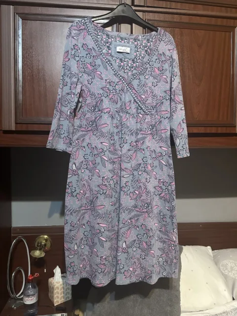 Ladies MS M S PER UNA Grey Pink Floral Stretch Jersey Dress Size 12