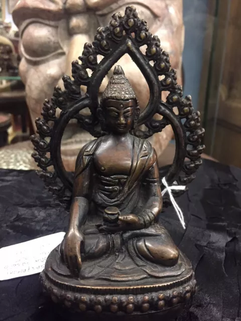 Wertvolle Antike Skulptur Bronze Tibet Buddha Mit Aura Auf Lotus Old-Time Hl Jh